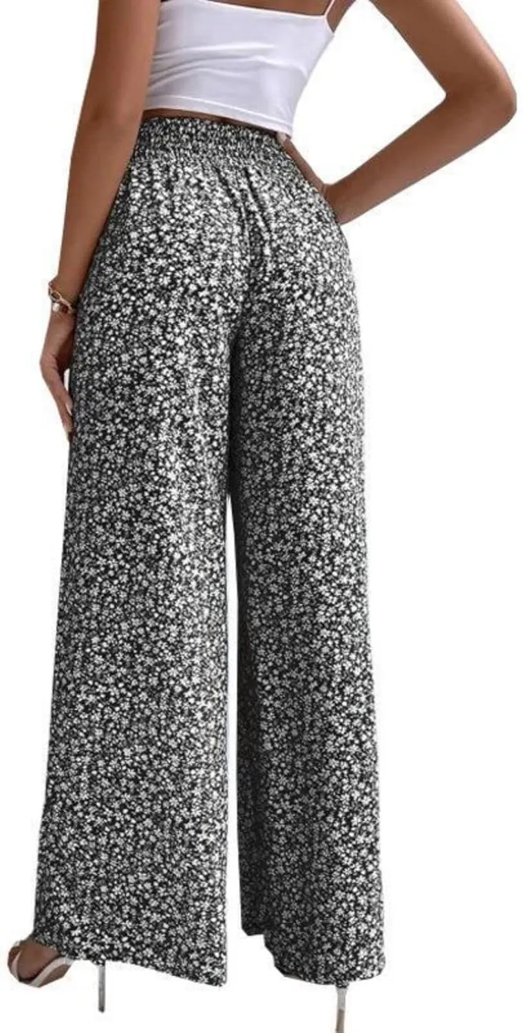 Womens Floral Print Pants High Waisted Tummy Control Trousers Wide Leg Long Lounge Pant Fashion Comfy Summer Trouser
