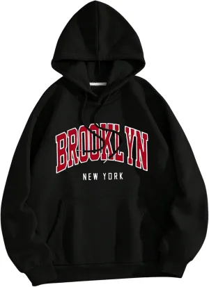 Women's Letter Print Hoodies Long Sleeve Drop Shoulder Drawstring Hooded Sweatshirt with Pockets