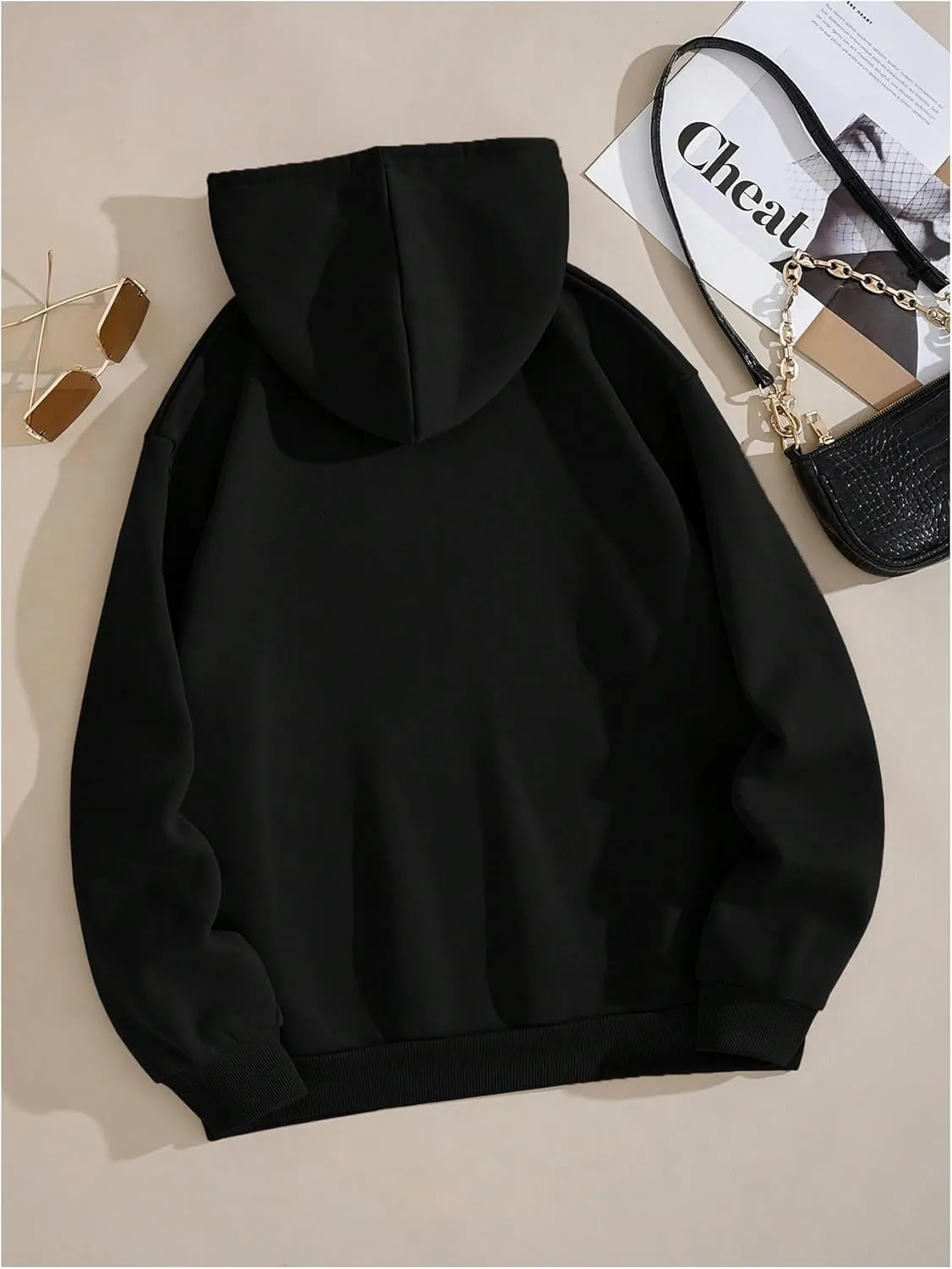 Women's Letter Print Hoodies Long Sleeve Drop Shoulder Drawstring Hooded Sweatshirt with Pockets