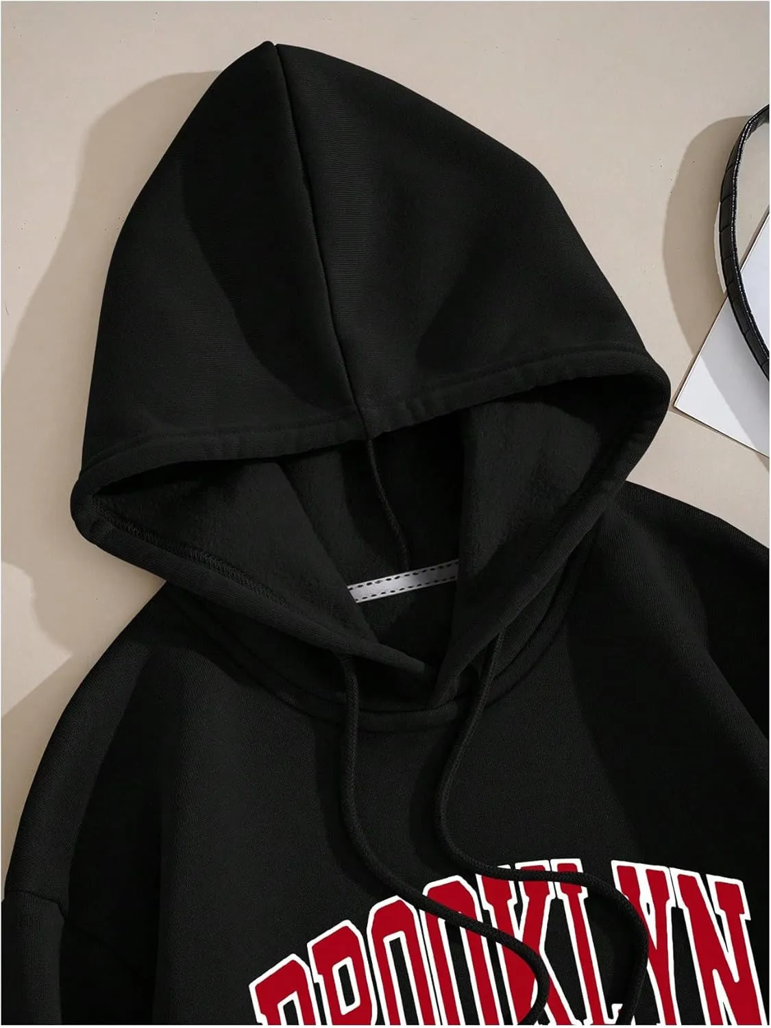 Women's Letter Print Hoodies Long Sleeve Drop Shoulder Drawstring Hooded Sweatshirt with Pockets