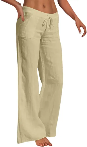 Women's Linen Blend Summer Casual Flowy Palazzo Pants Elastic Waisted Lounge Pants Plus Size Trouser Beach
