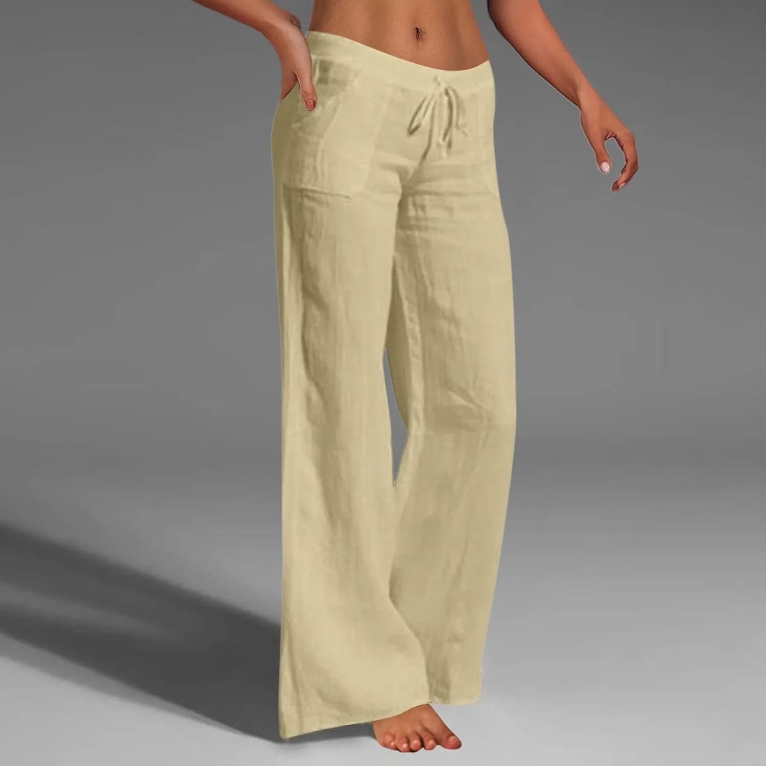 Women's Linen Blend Summer Casual Flowy Palazzo Pants Elastic Waisted Lounge Pants Plus Size Trouser Beach