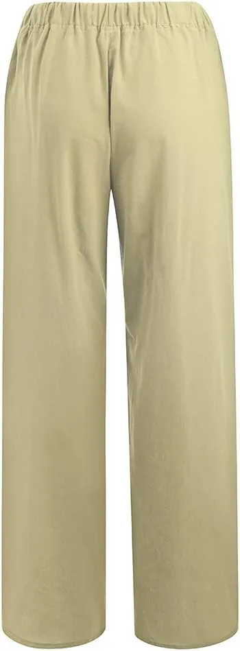 Women's Linen Blend Summer Casual Flowy Palazzo Pants Elastic Waisted Lounge Pants Plus Size Trouser Beach
