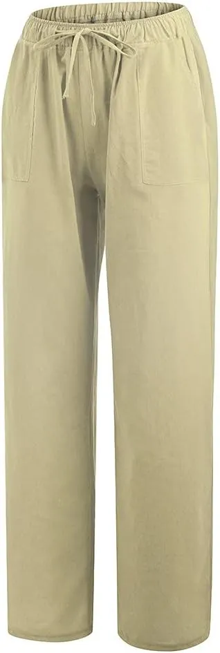 Women's Linen Blend Summer Casual Flowy Palazzo Pants Elastic Waisted Lounge Pants Plus Size Trouser Beach