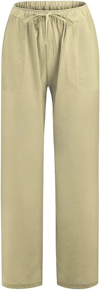 Women's Linen Blend Summer Casual Flowy Palazzo Pants Elastic Waisted Lounge Pants Plus Size Trouser Beach