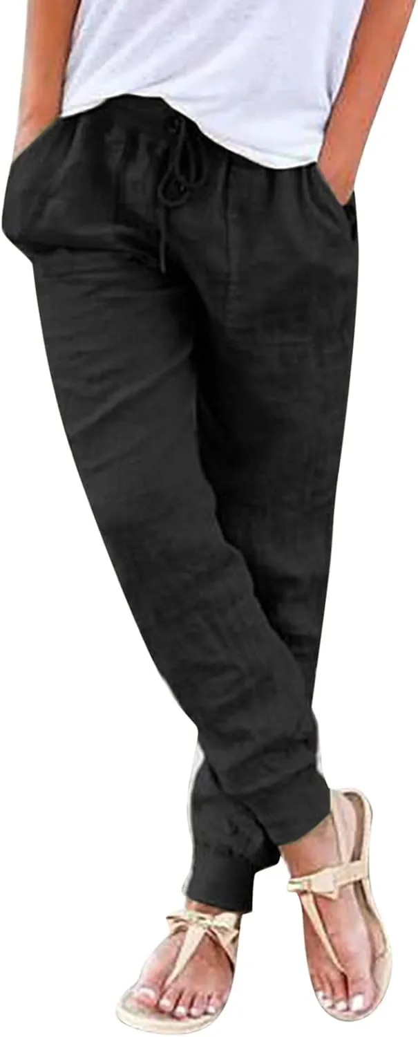 Women's Linen Blend Summer Cropped Pants Low Waist Wide Leg Slim Fit Palazzo Lounge Pants Vacation