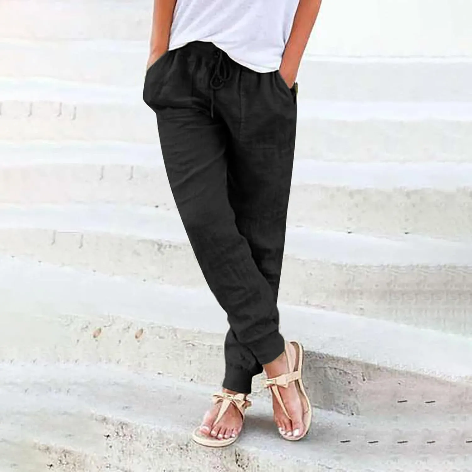Women's Linen Blend Summer Cropped Pants Low Waist Wide Leg Slim Fit Palazzo Lounge Pants Vacation