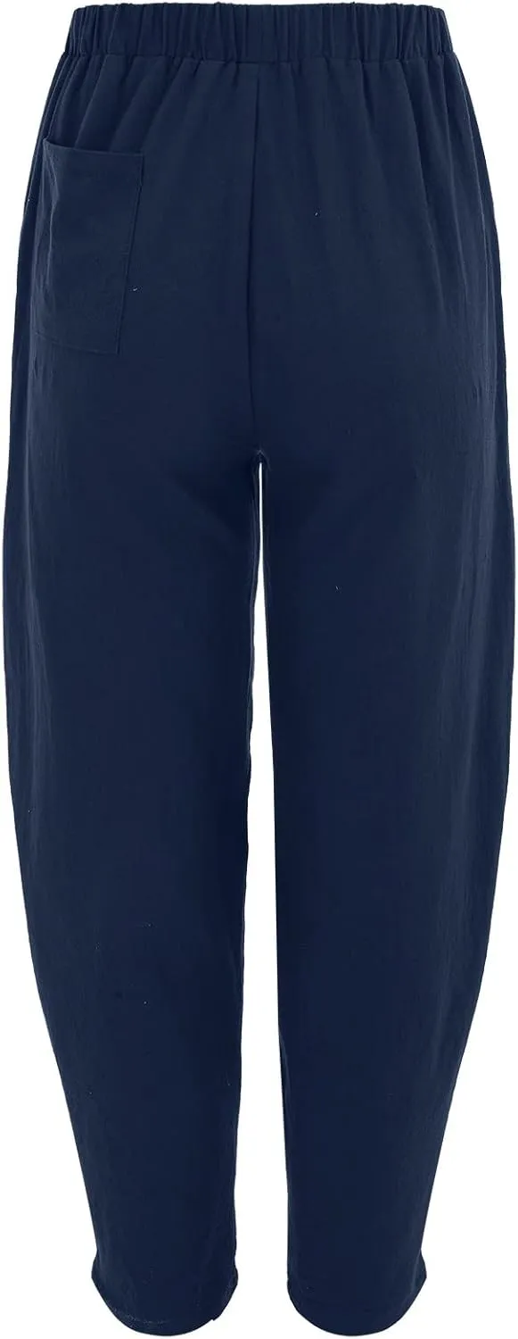 Women's Linen Blend Summer Flowy Palazzo Pants Elastic Waist Bootcut Plus Size Pant Trousers Travel