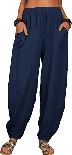 Women's Linen Blend Summer Flowy Palazzo Pants Elastic Waist Bootcut Plus Size Pant Trousers Travel
