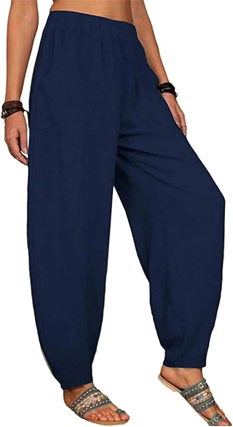 Women's Linen Blend Summer Flowy Palazzo Pants Elastic Waist Bootcut Plus Size Pant Trousers Travel