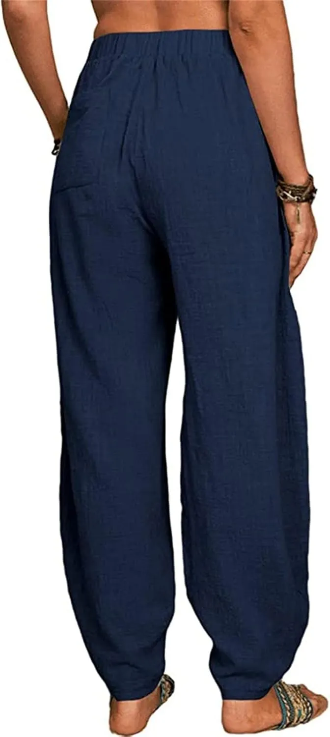 Women's Linen Blend Summer Flowy Palazzo Pants Elastic Waist Bootcut Plus Size Pant Trousers Travel