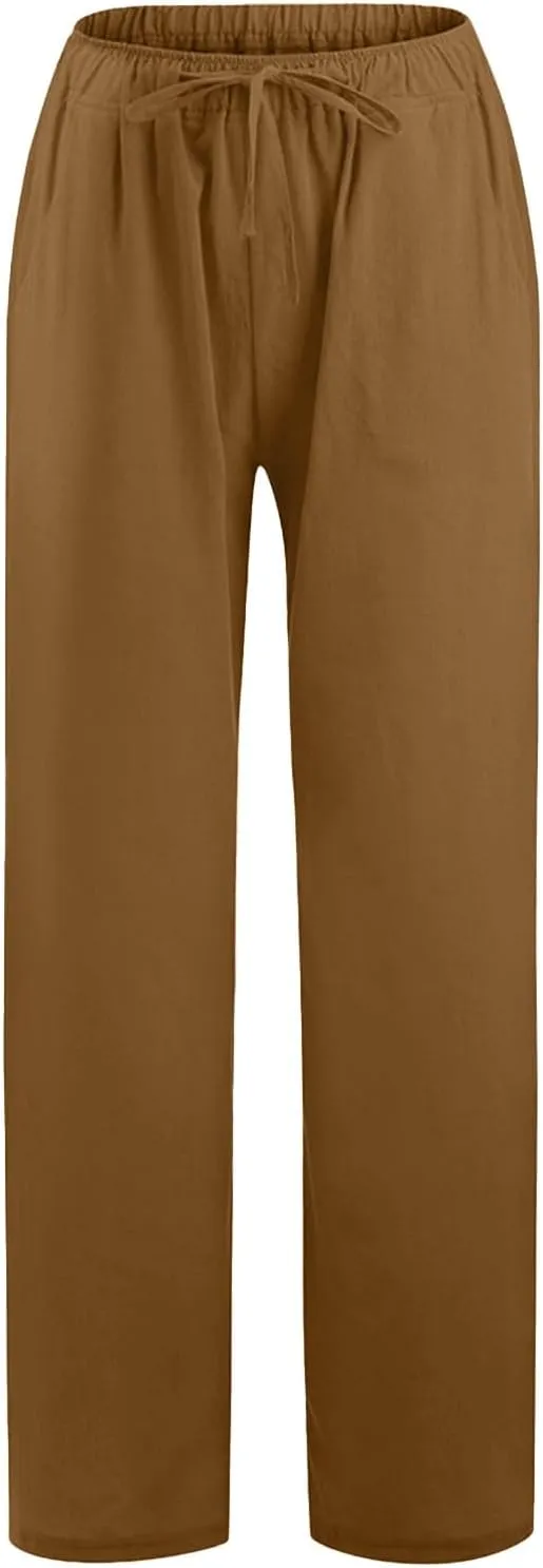 Women's Linen Blend Summer Letter Patched Pants Elastic Waisted Wide Leg Slim Fit Palazzo Lounge Pants