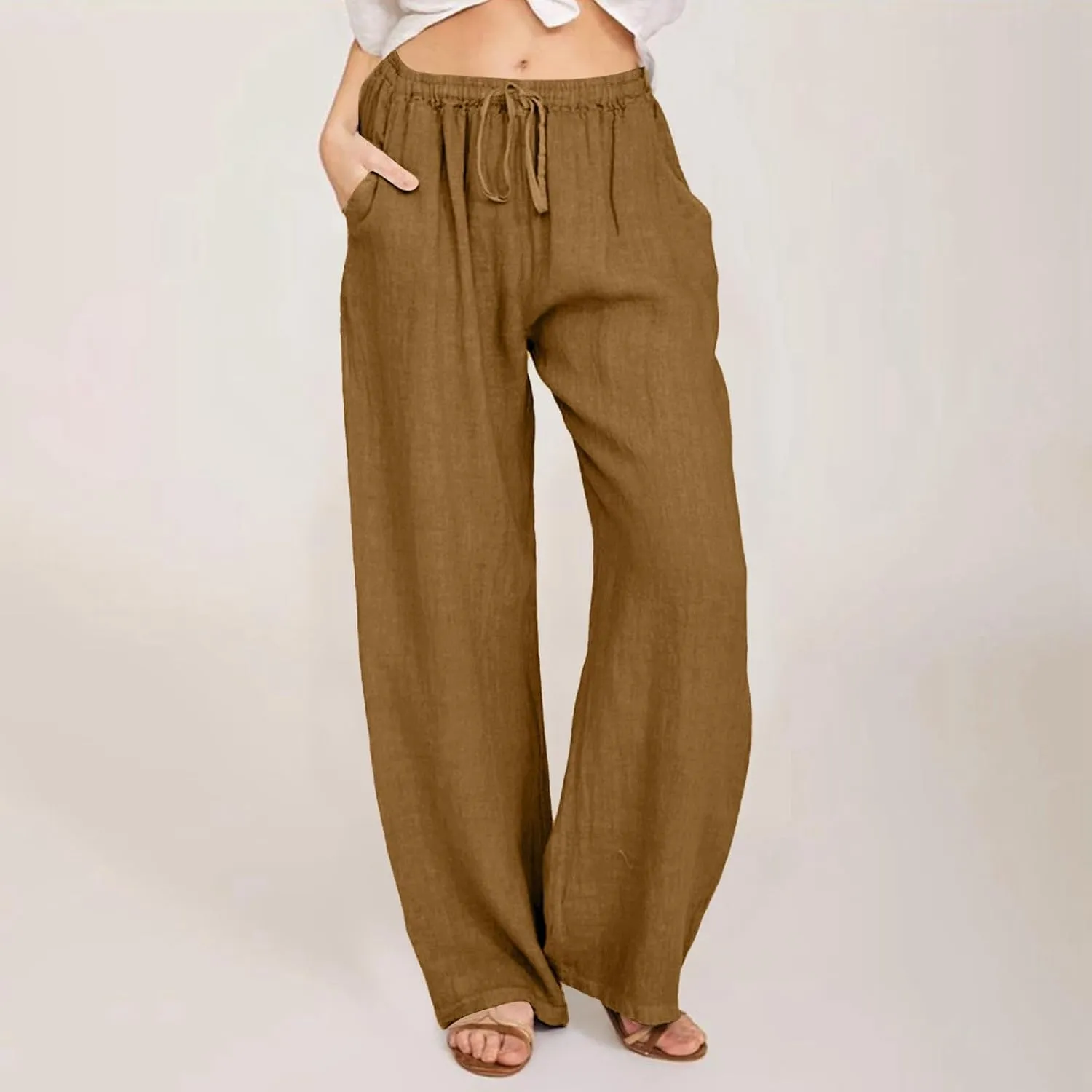 Women's Linen Blend Summer Letter Patched Pants Elastic Waisted Wide Leg Slim Fit Palazzo Lounge Pants