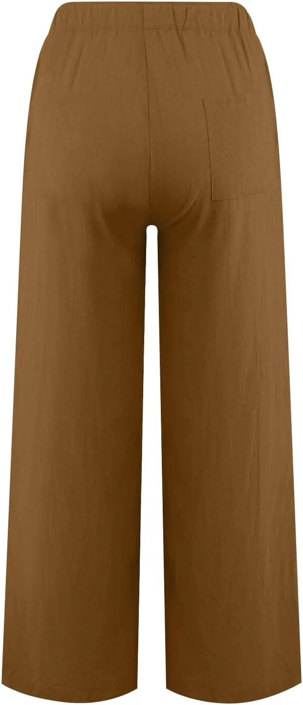 Women's Linen Blend Summer Letter Patched Pants Elastic Waisted Wide Leg Slim Fit Palazzo Lounge Pants
