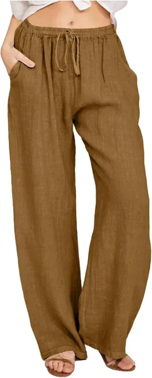 Women's Linen Blend Summer Letter Patched Pants Elastic Waisted Wide Leg Slim Fit Palazzo Lounge Pants