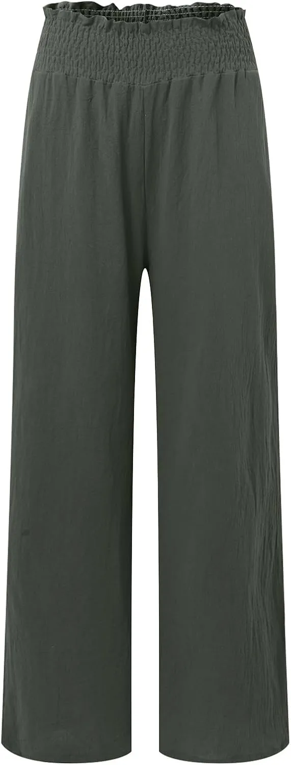 Women's Linen Blend Summer Lightweigt Palazzo Lounge Pants High Waist Straight Slim Fit Palazzo Pants Vacation
