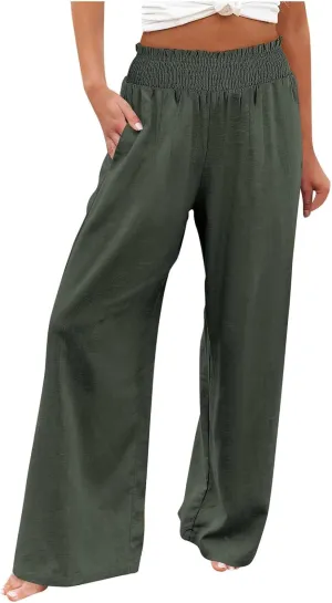 Women's Linen Blend Summer Lightweigt Palazzo Lounge Pants High Waist Straight Slim Fit Palazzo Pants Vacation