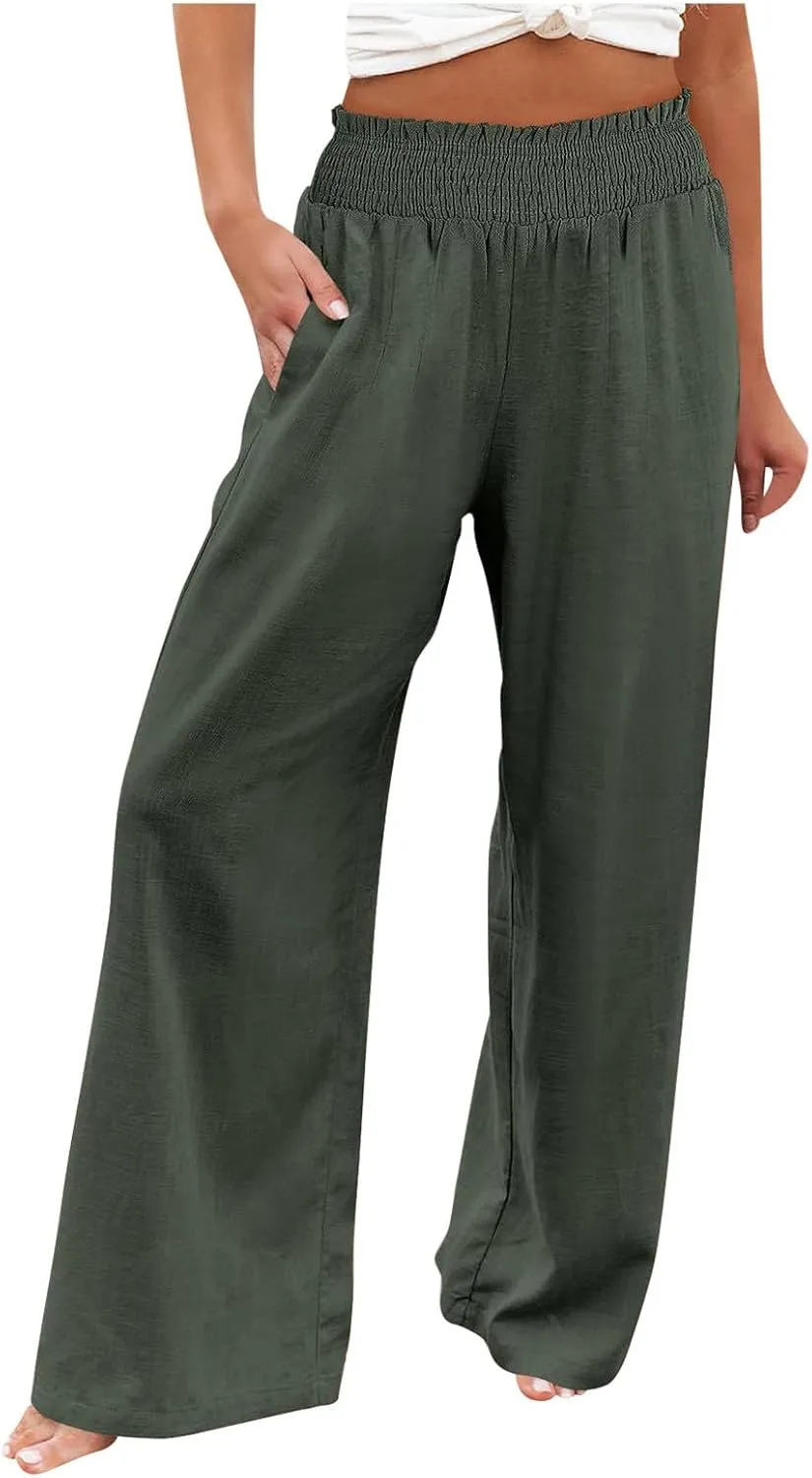 Women's Linen Blend Summer Lightweigt Palazzo Lounge Pants High Waist Straight Slim Fit Palazzo Pants Vacation