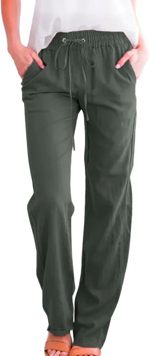 Women's Linen Blend Summer Printed Palazzo Pants Elastic Waist Bootcut Plus Size Palazzo Lounge Pants Beach