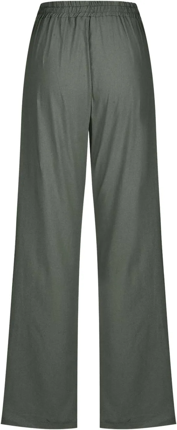 Women's Linen Blend Summer Printed Palazzo Pants Elastic Waist Bootcut Plus Size Palazzo Lounge Pants Beach