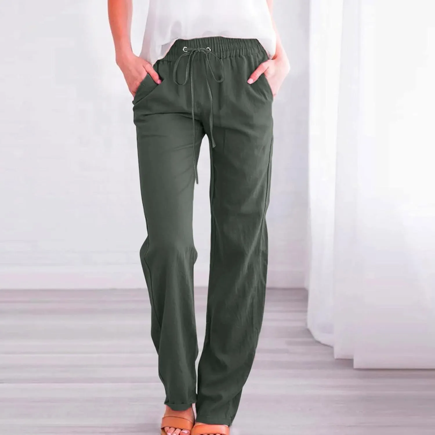 Women's Linen Blend Summer Printed Palazzo Pants Elastic Waist Bootcut Plus Size Palazzo Lounge Pants Beach