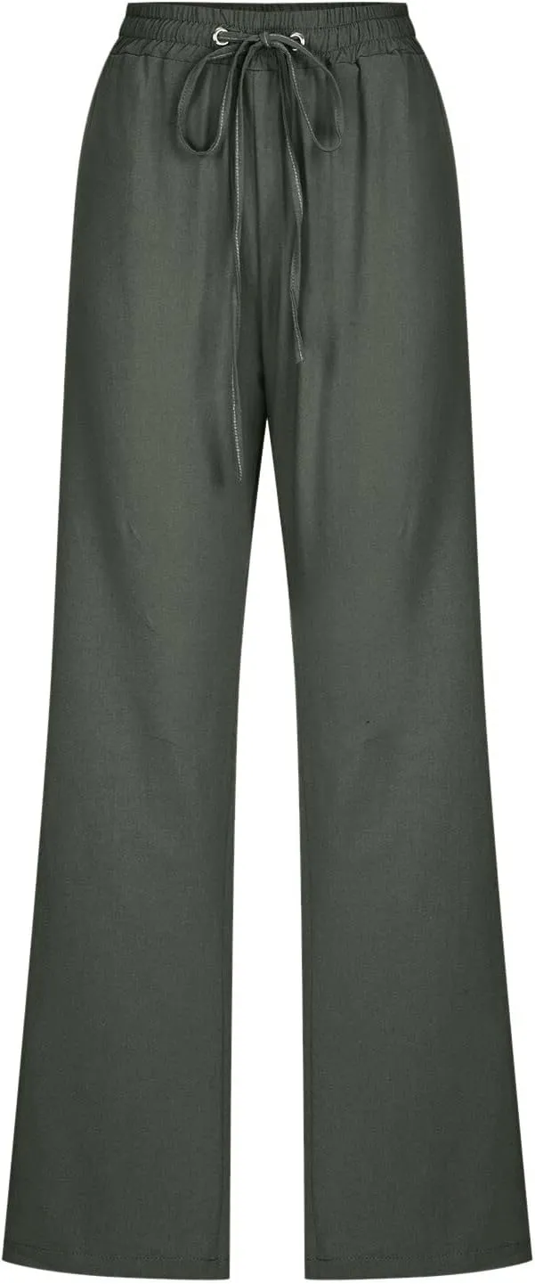 Women's Linen Blend Summer Printed Palazzo Pants Elastic Waist Bootcut Plus Size Palazzo Lounge Pants Beach