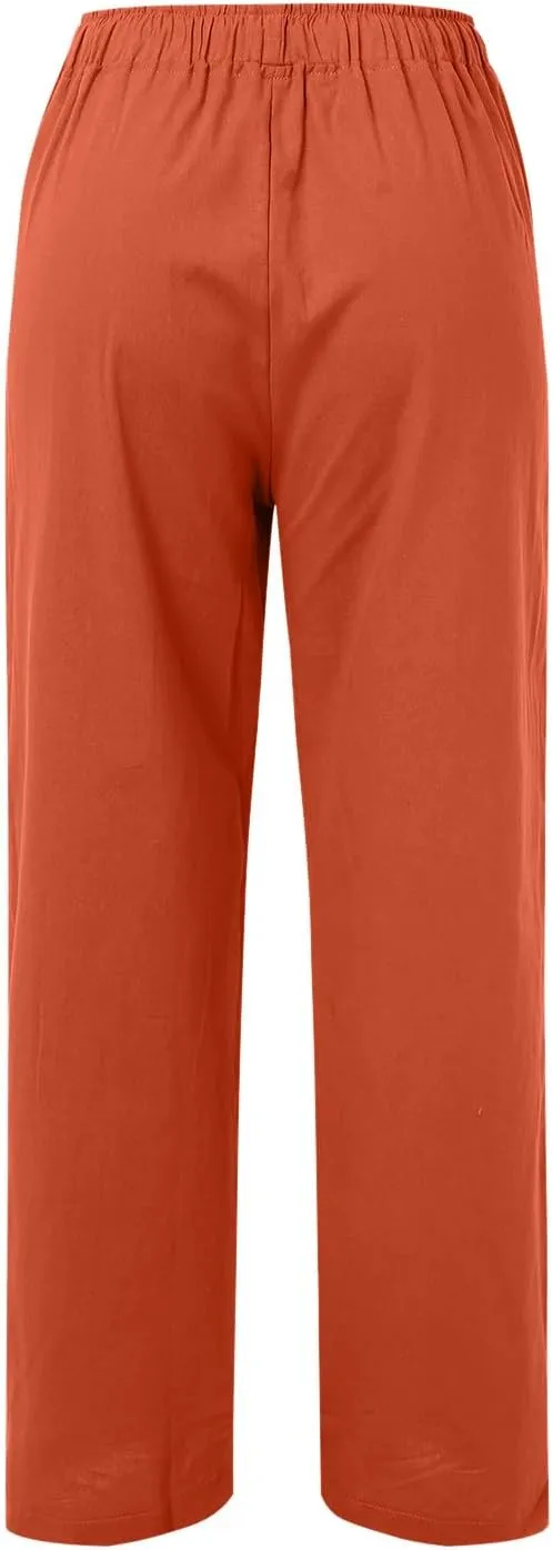 Womens Linen Blend Summer Printed Pants High Waist Ankle Length Plus Size Trouser Business Work