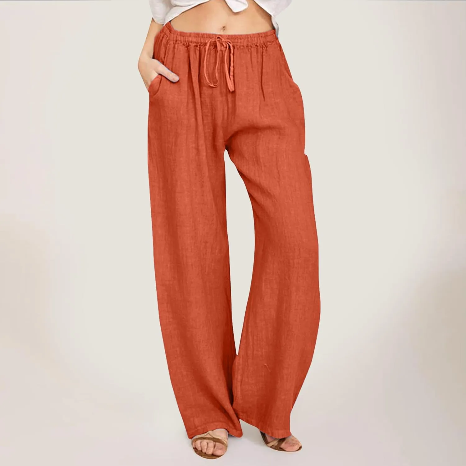 Womens Linen Blend Summer Printed Pants High Waist Ankle Length Plus Size Trouser Business Work
