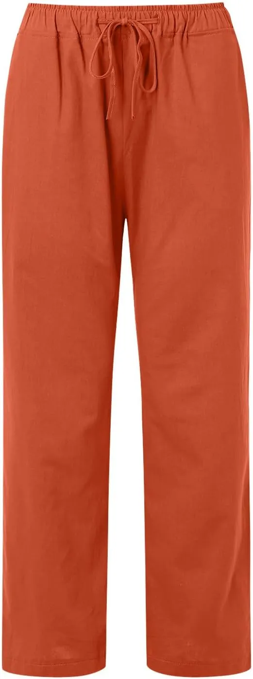 Womens Linen Blend Summer Printed Pants High Waist Ankle Length Plus Size Trouser Business Work