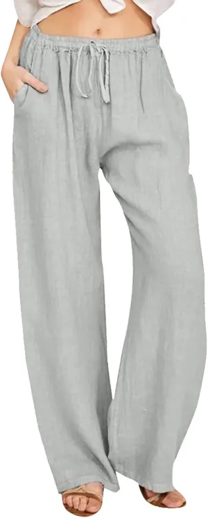 Women's Linen Blend Summer Split Flowy Pant Trousers High Waist Lounge Pants Slim-Fit Pant Trousers Vacation