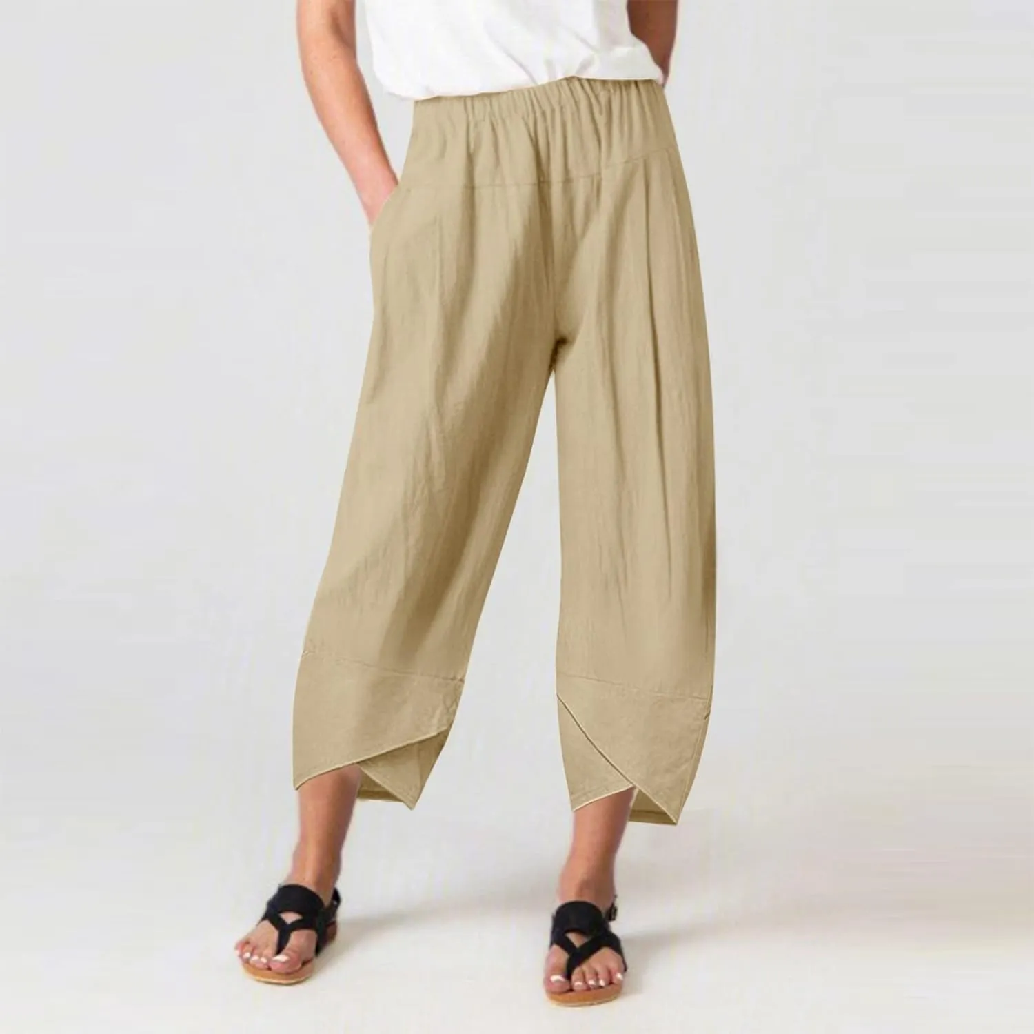 Womens Linen Blend Summer Tie Knot Pant Trousers High Waist Wide Leg Slim-Fit Trousers Beach