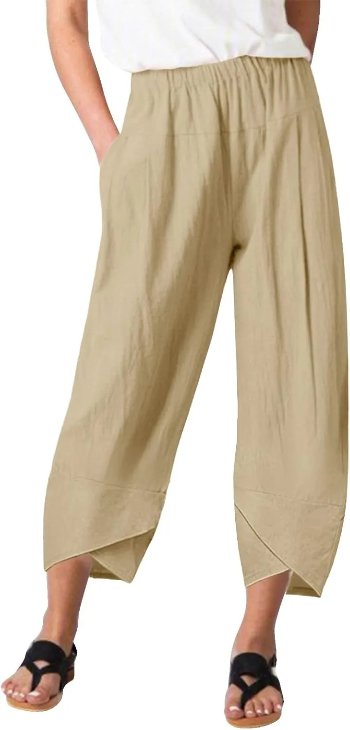 Womens Linen Blend Summer Tie Knot Pant Trousers High Waist Wide Leg Slim-Fit Trousers Beach