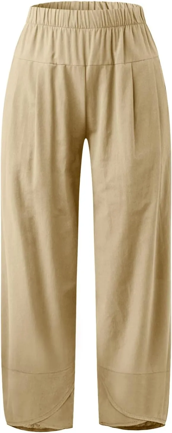 Womens Linen Blend Summer Tie Knot Pant Trousers High Waist Wide Leg Slim-Fit Trousers Beach