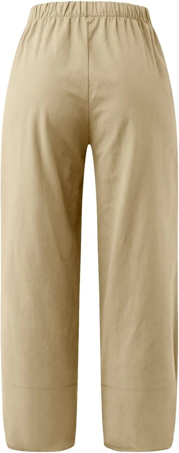 Womens Linen Blend Summer Tie Knot Pant Trousers High Waist Wide Leg Slim-Fit Trousers Beach