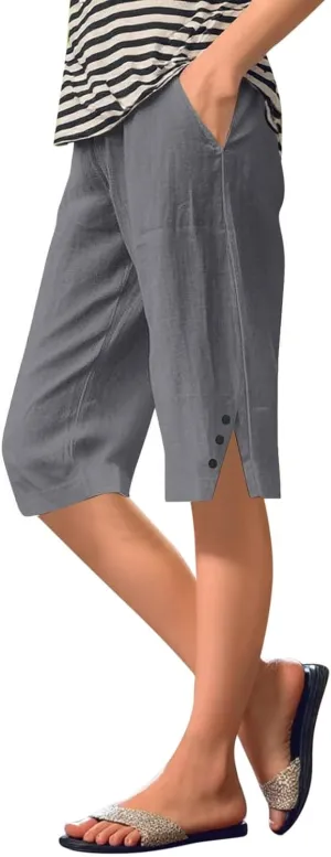 Women's Linen Capri Pants Knee Length Slit Button Casual Beach Shorts Summer Straight Leg Trousers with Pockets