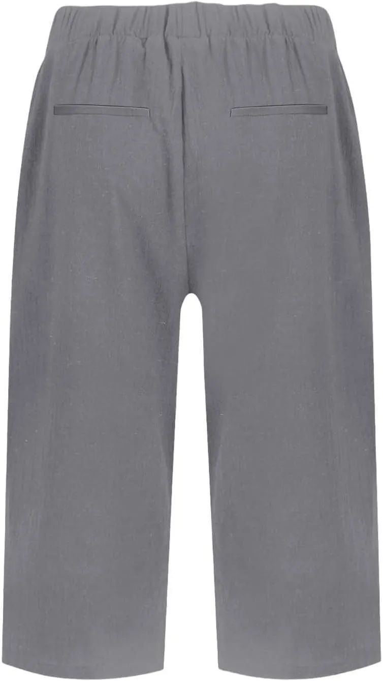 Women's Linen Capri Pants Knee Length Slit Button Casual Beach Shorts Summer Straight Leg Trousers with Pockets