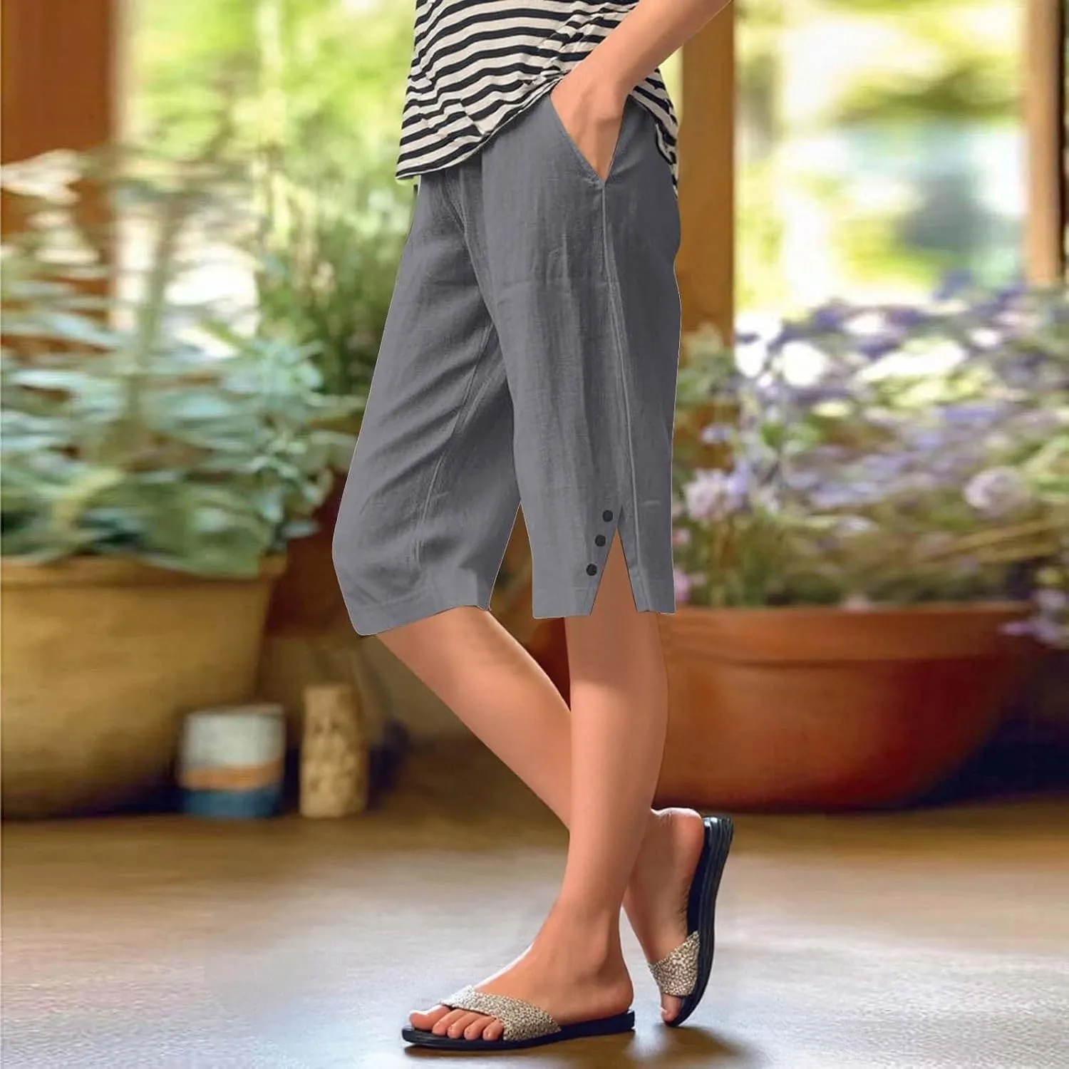 Women's Linen Capri Pants Knee Length Slit Button Casual Beach Shorts Summer Straight Leg Trousers with Pockets