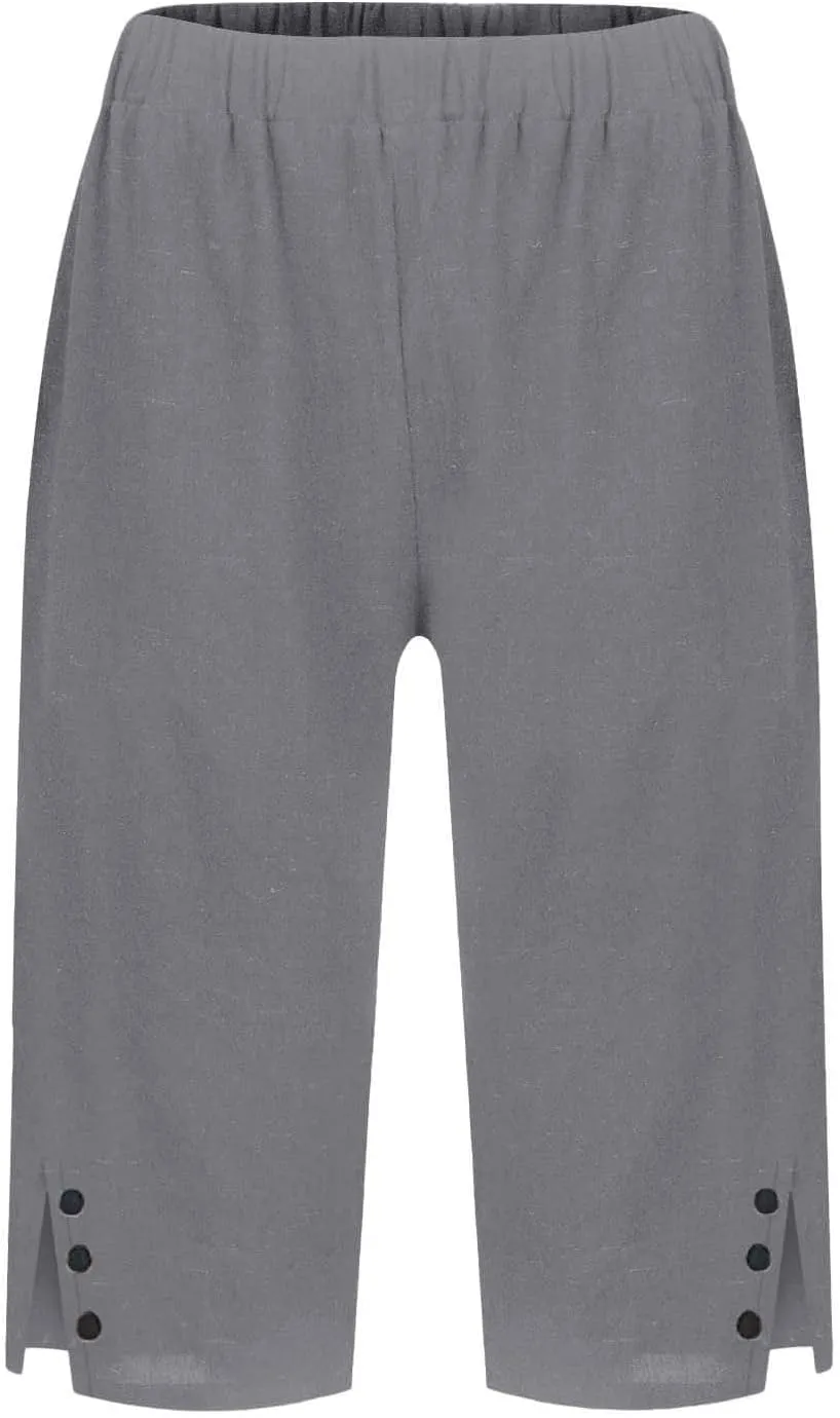 Women's Linen Capri Pants Knee Length Slit Button Casual Beach Shorts Summer Straight Leg Trousers with Pockets