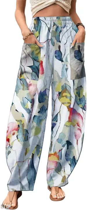 Womens Linen Elastic High Waist Harem Cropped Pants Casual Floral Baggy Linen Wide Leg Capri Pants Trousers with Pockets