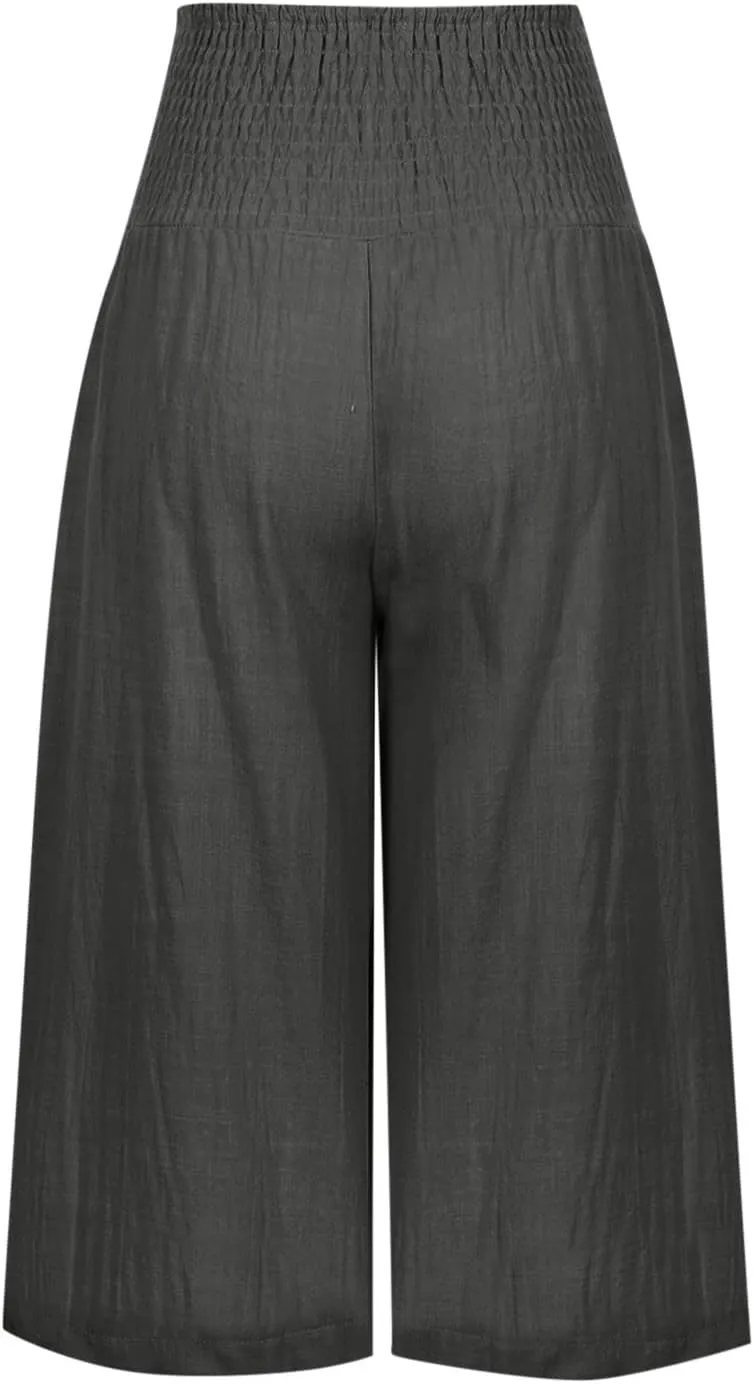 Womens Linen Palazzo Capri Pants Causal Summer Wide Leg Pants High Waist Loose Capris Boho Beach Travel Crop Trousers