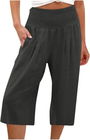 Womens Linen Palazzo Capri Pants Causal Summer Wide Leg Pants High Waist Loose Capris Boho Beach Travel Crop Trousers