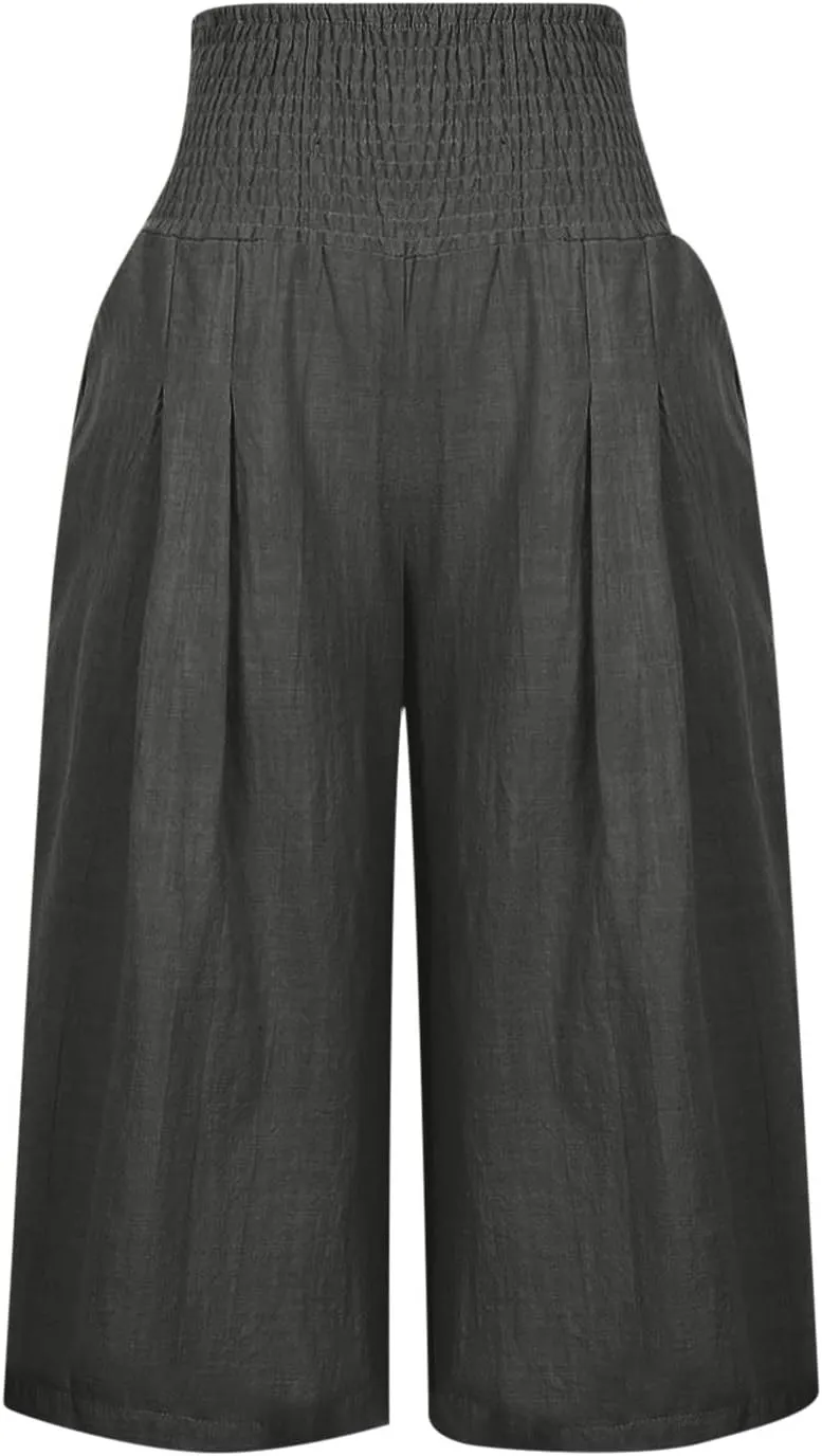 Womens Linen Palazzo Capri Pants Causal Summer Wide Leg Pants High Waist Loose Capris Boho Beach Travel Crop Trousers