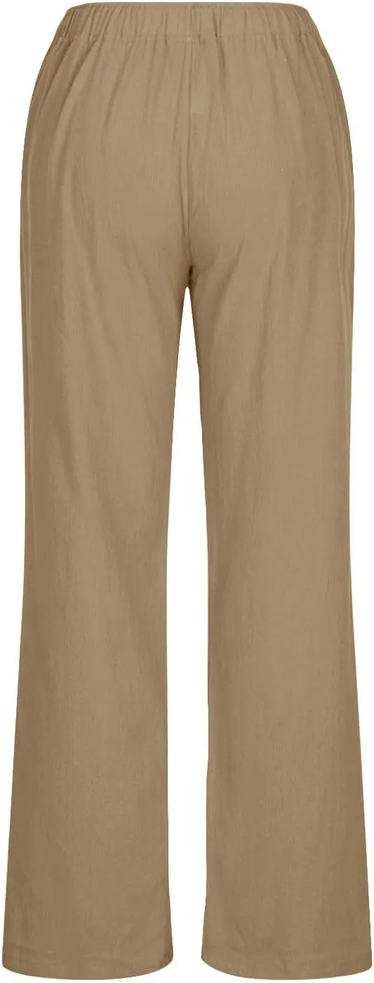 Women's Linen Palazzo Pants Casual Drawstring Elastic Waist Trousers Loose Fit Cotton Blend Loose Athletic Pants