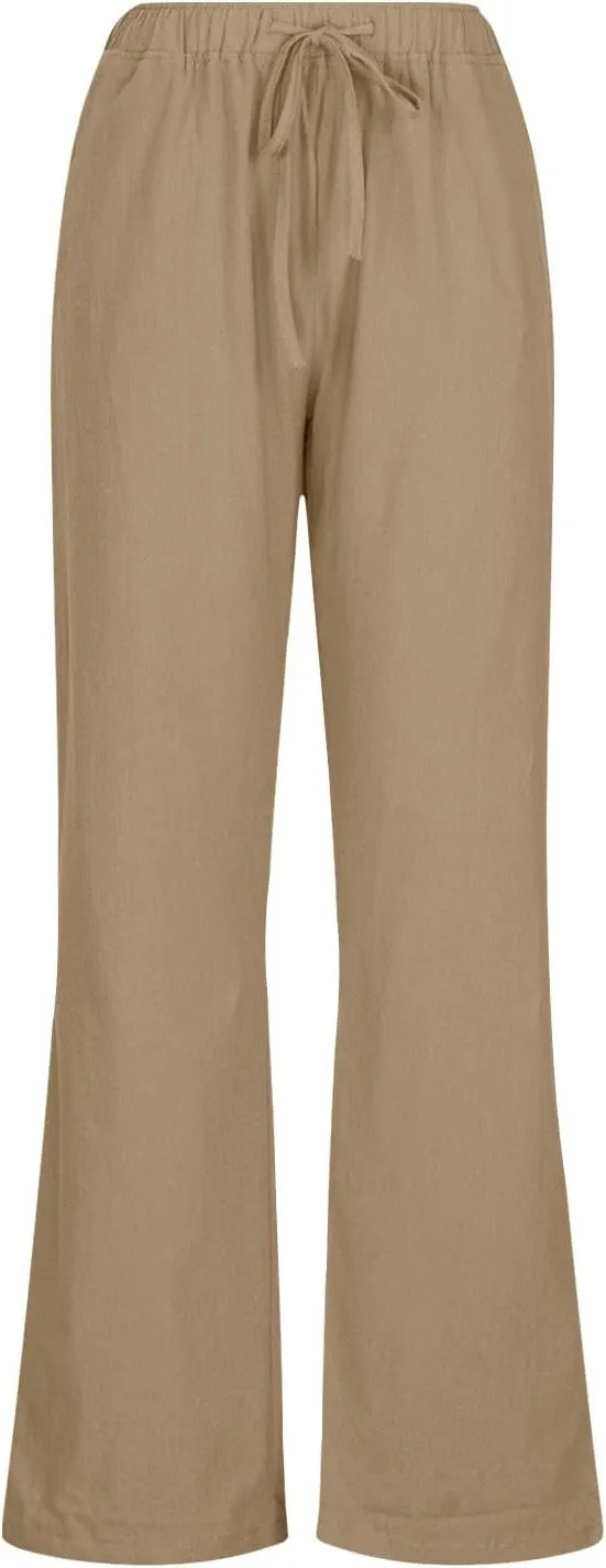 Women's Linen Palazzo Pants Casual Drawstring Elastic Waist Trousers Loose Fit Cotton Blend Loose Athletic Pants