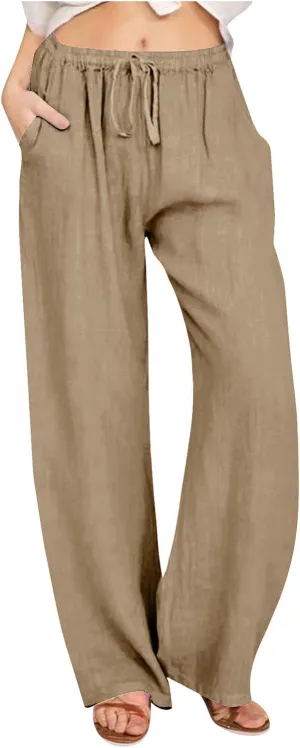 Women's Linen Palazzo Pants Casual Drawstring Elastic Waist Trousers Loose Fit Cotton Blend Loose Athletic Pants