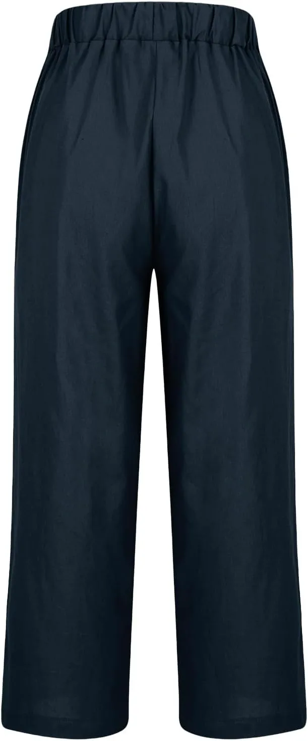 Womens Linen Pants 2025 Summer Cotton Linen Elastic High Waist Straight Leg Plus Size Casual Trousers with Pockets