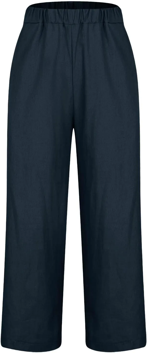 Womens Linen Pants 2025 Summer Cotton Linen Elastic High Waist Straight Leg Plus Size Casual Trousers with Pockets