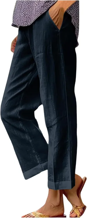 Womens Linen Pants 2025 Summer Cotton Linen Elastic High Waist Straight Leg Plus Size Casual Trousers with Pockets