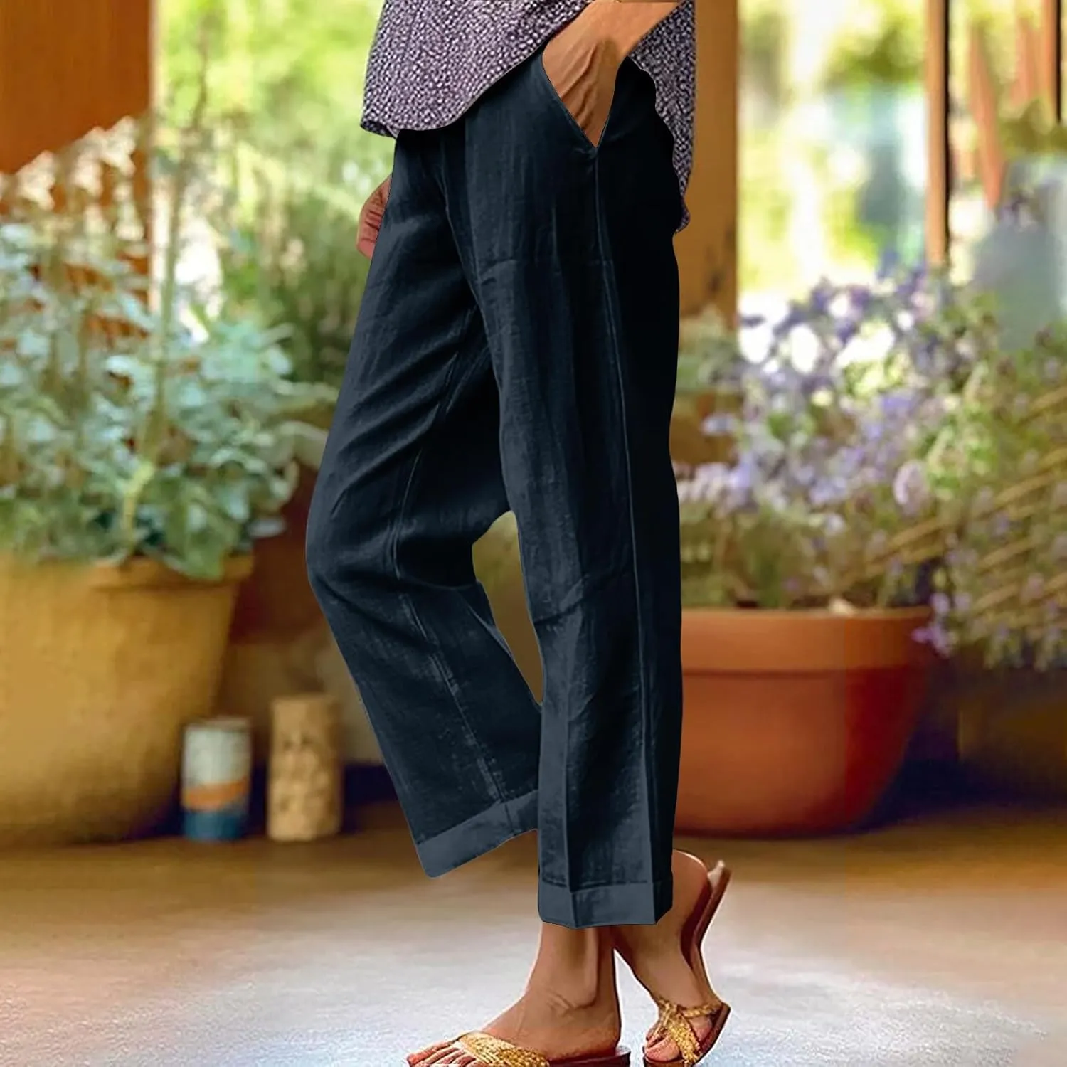 Womens Linen Pants 2025 Summer Cotton Linen Elastic High Waist Straight Leg Plus Size Casual Trousers with Pockets