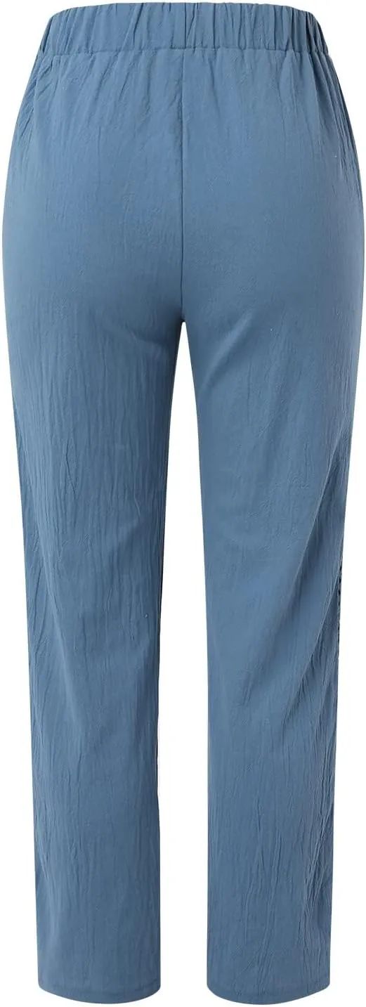 Womens Linen Pants 2025 Summer Elastic High Waist Split Hem Work Pants Casual Loose Drawstring Beach Trousers